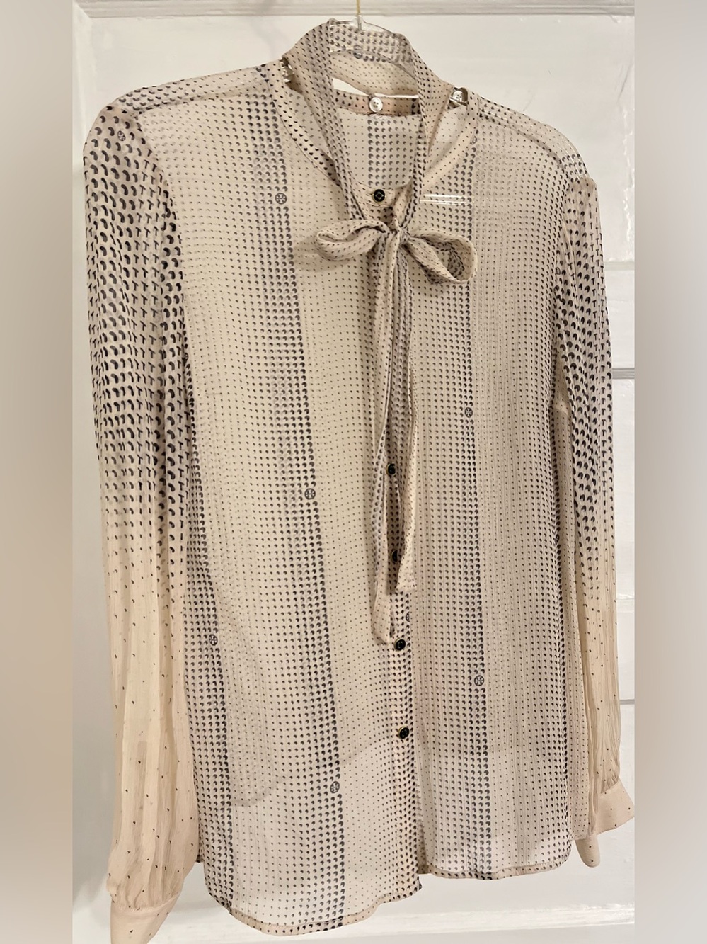 Tory Burch Cream Sheer Bow-Neck Blouse with Black Dot Stripe Logo on Buttons - Picture 4 of 13